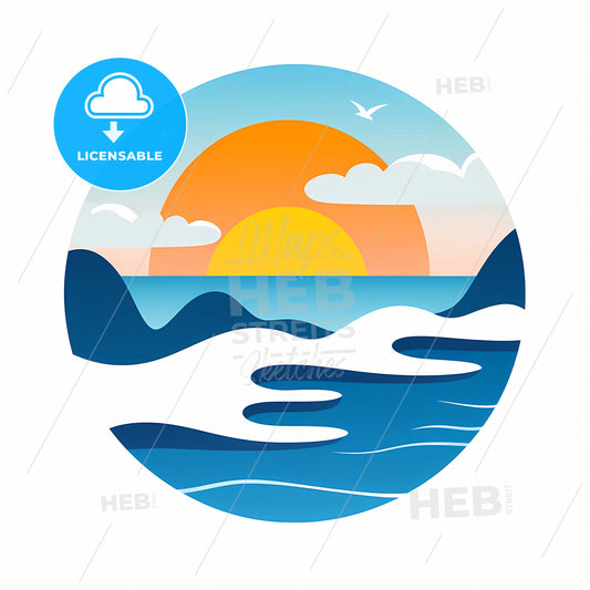 A Sea View, A Logo Of A Beach With Waves And Sun