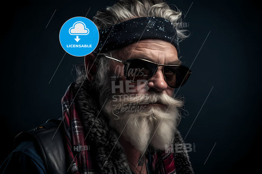 Portrait Of A Stylish Punk Santa, A Man With A White Beard And Sunglasses