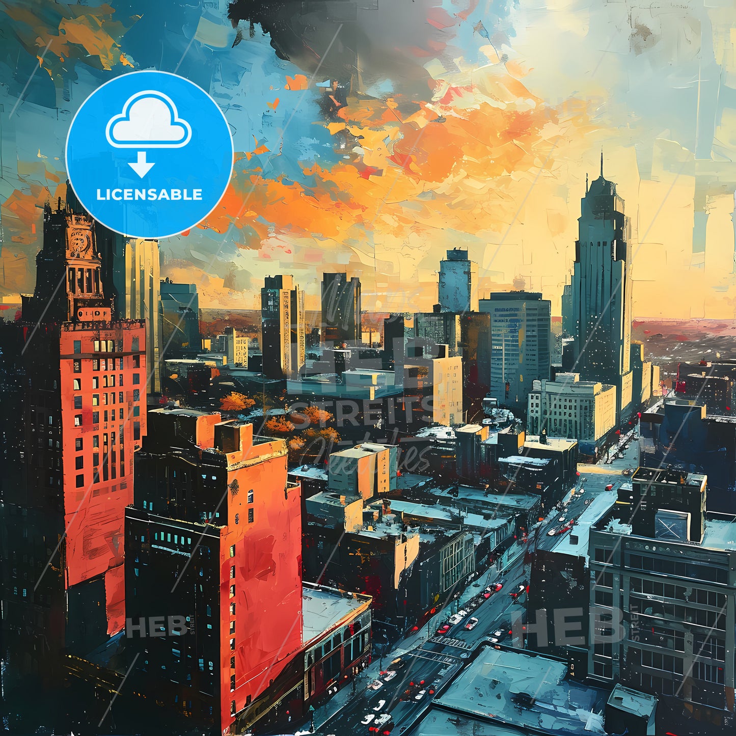 Kansas City Missouri Art Sketch City View, A Cityscape With A Road And Buildings