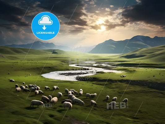 In A Vast Grassland, A Herd Of Sheep Grazing In A Grassy Field
