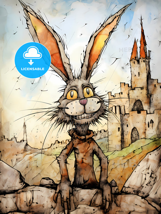 Funny Easter Rabbit, A Cartoon Rabbit With A Castle In The Background