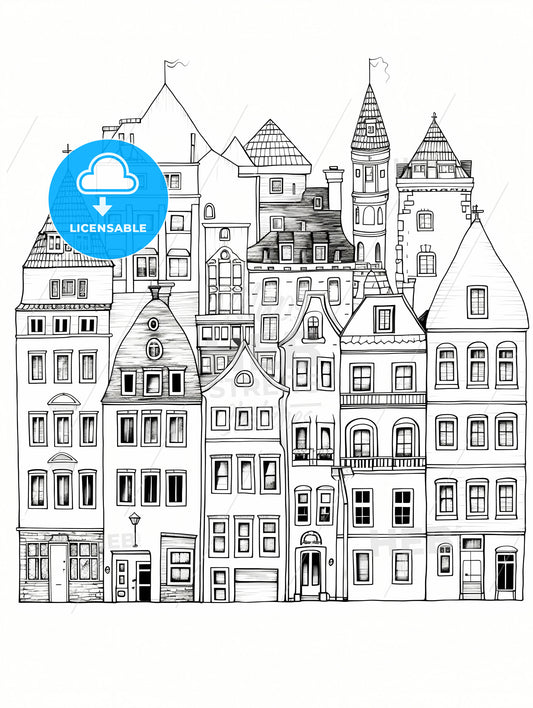 Berlin Houses Coloring Page, A Group Of Buildings With Many Windows