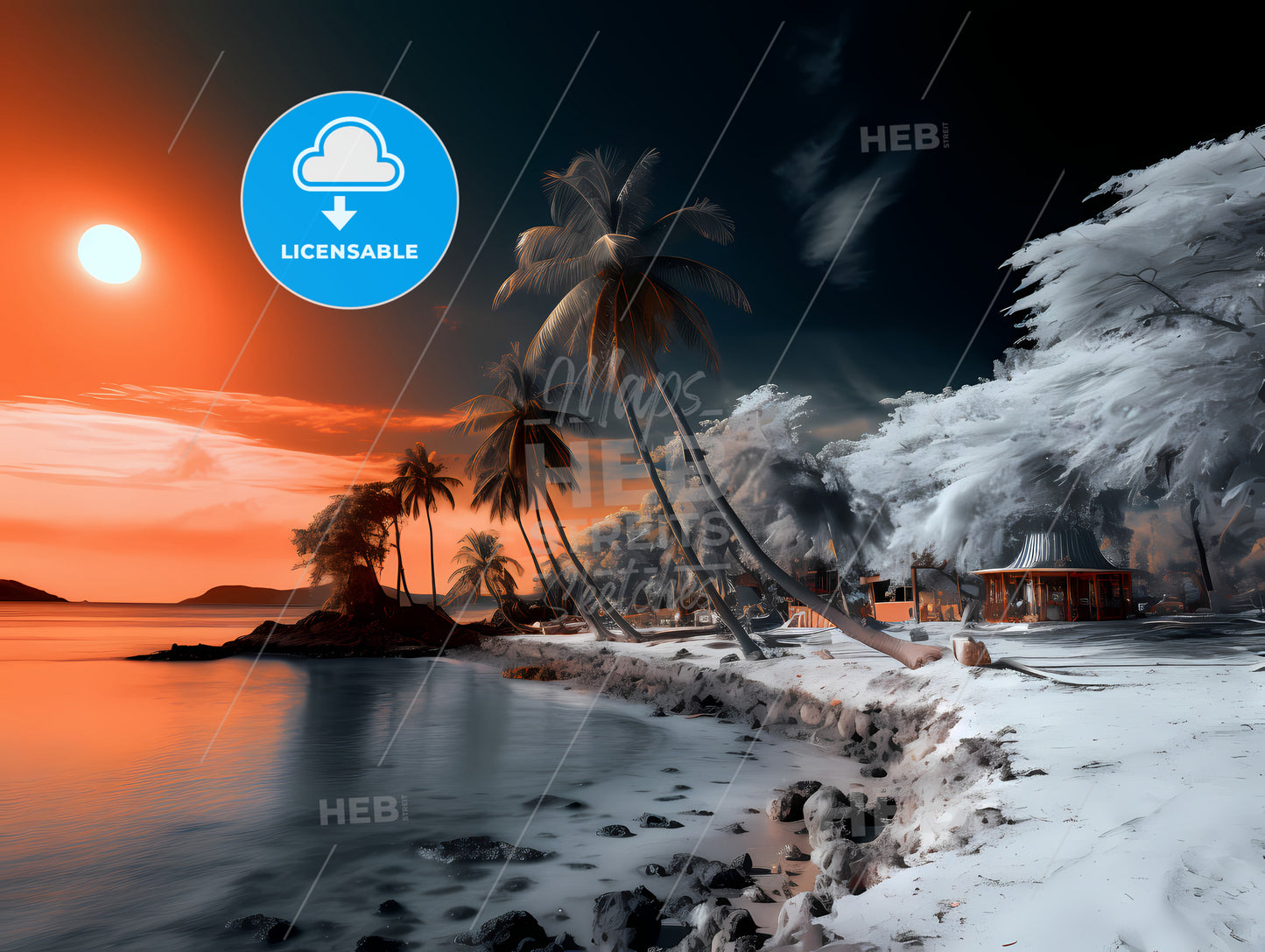 A Black Sun In A White Night, A Beach With Palm Trees And A Hut