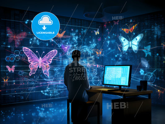 Data Scientists Are In The Laboratory, A Man Looking At A Large Screen With Butterflies