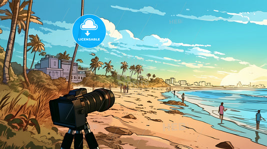 Digital Enthusiasts Are On The Beach, A Camera On A Beach