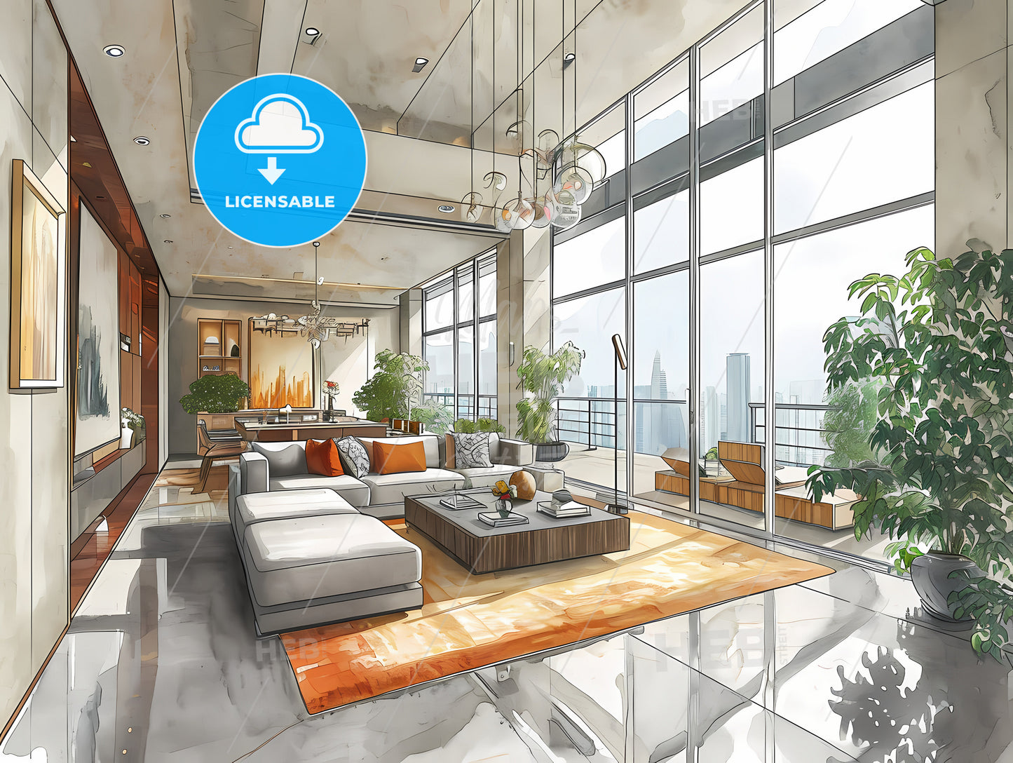 Furniture - Perspective View Design, A Drawing Of A Living Room With Large Windows