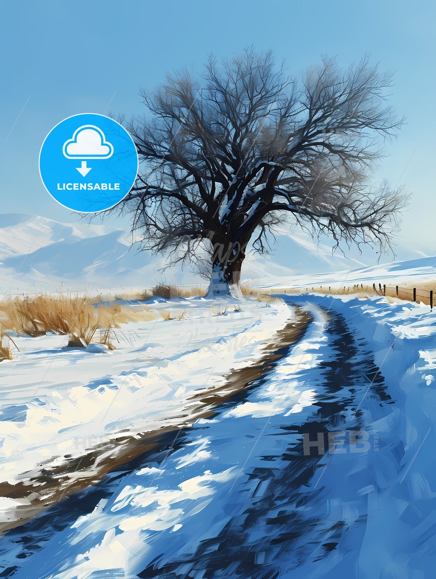Winter Desert Day Landscape, A Tree In A Snowy Field