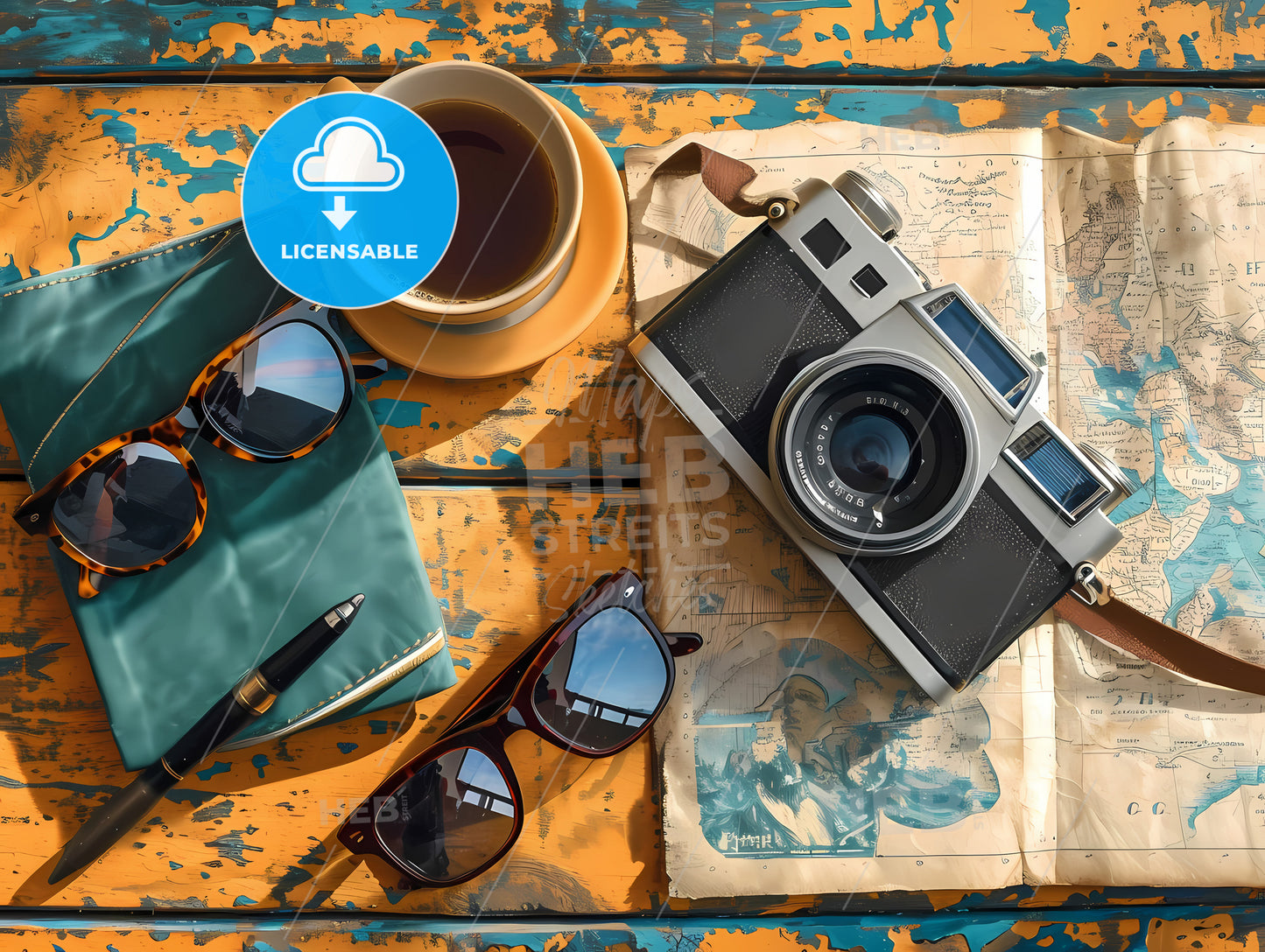 Vector Flat Travel Background, A Camera And Sunglasses On A Table