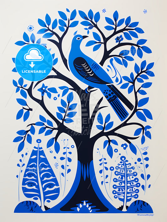 Silkscreened Stencil, A Blue Bird On A Tree