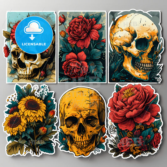 Set Of Vibrant And Expressive Stickers, A Group Of Stickers With Skulls And Flowers