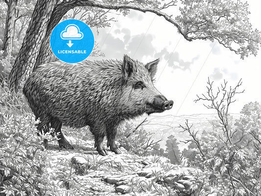 Wild Boar, A Black And White Drawing Of A Pig
