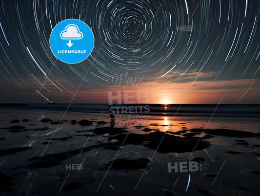 On The Beach In The South, A Person Standing On A Beach At Night