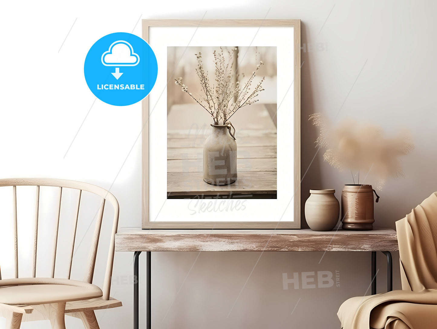 Art Print, A Picture Of A Vase With Dried Flowers On A Table