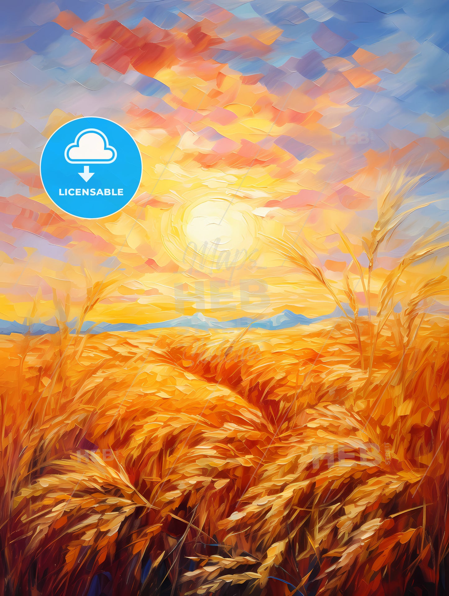 An Impressionist Oil Painting, A Field Of Wheat With The Sun In The Background