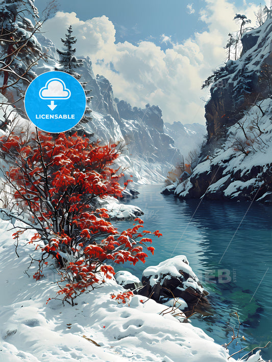 Mountains Landscape, A Snowy Mountain River With Trees And A Red Tree