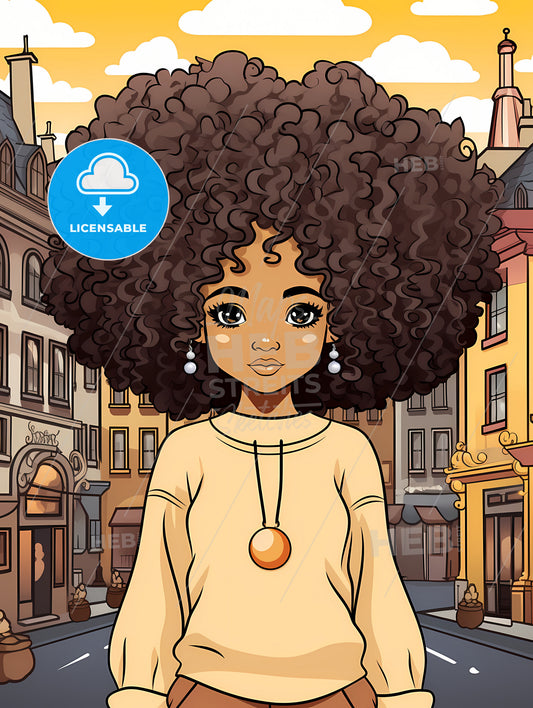 Cute Afro Girl, Cartoon Girl With Big Curly Hair And Large Earrings