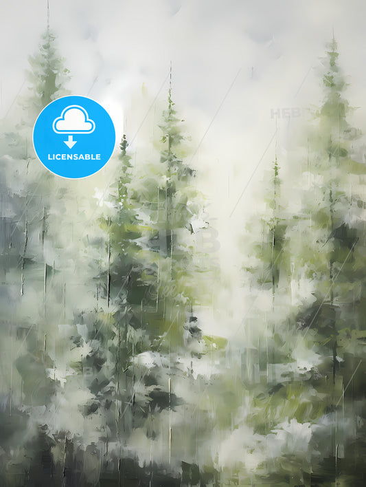 A Painting Of Green Forest Trees, A Painting Of Trees In The Fog