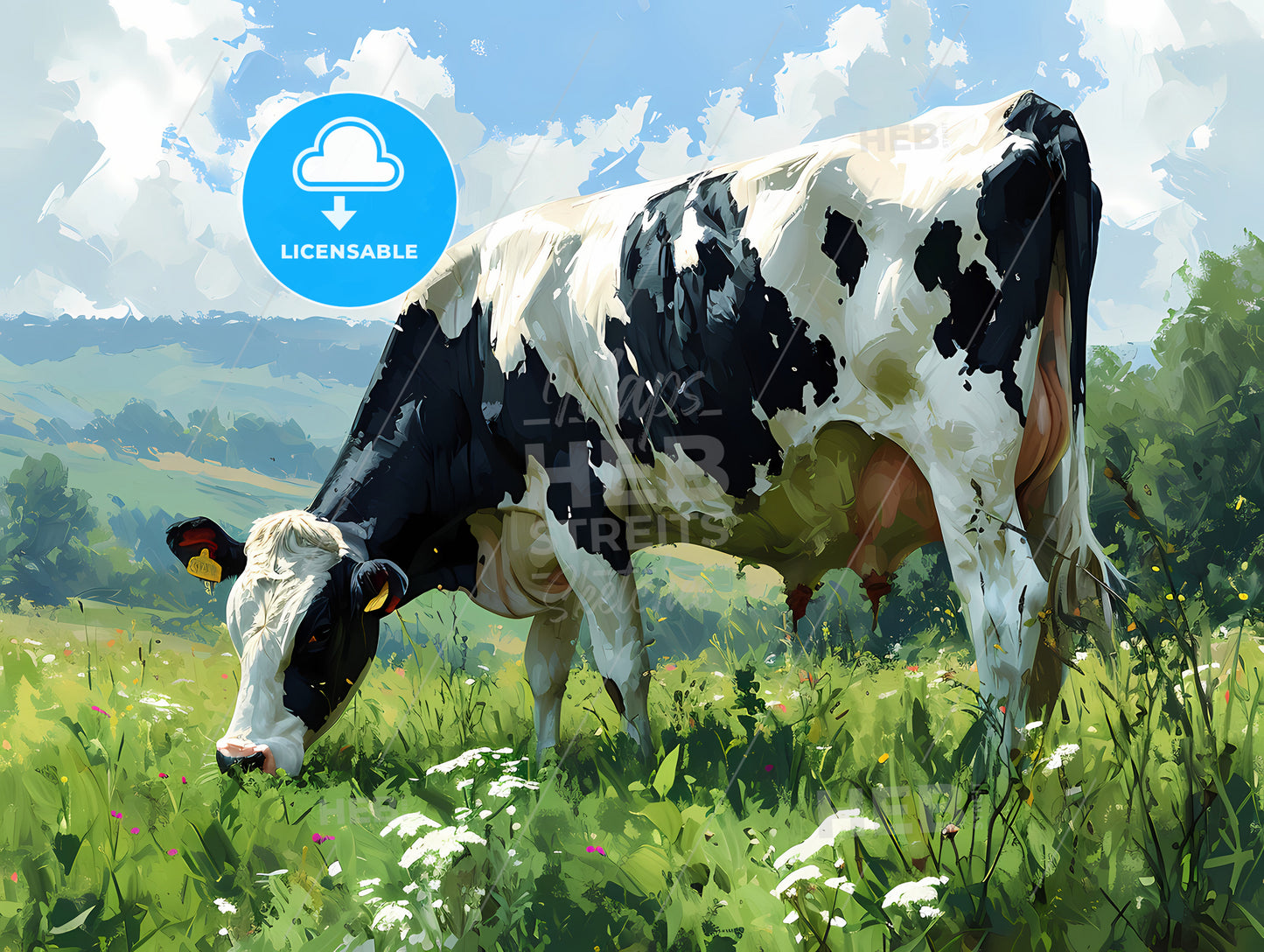 A Happy Dairy Cow Just Finished Grazing, A Cow Grazing In A Field