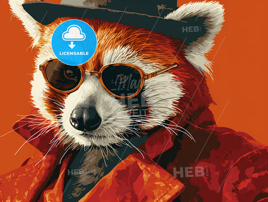 An Illustration Of A Funny Mafioso Panda, A Red Panda Wearing A Hat And Sunglasses