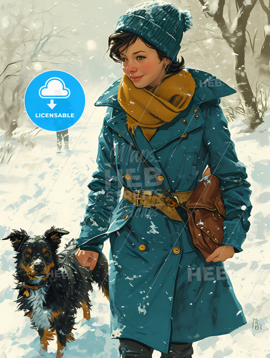 A Girl Is Walking With A Black Dog, A Woman Walking A Dog In The Snow