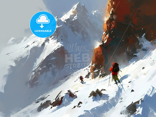 Two People Are Skiers In The Snow, A Group Of People Hiking On A Snowy Mountain