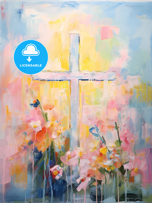 A Painting Of A Cross, A Painting Of A Cross And Flowers