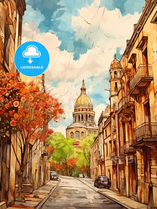 Cinco De Mayo Holiday, A Street With Buildings And Trees And A Building With A Dome