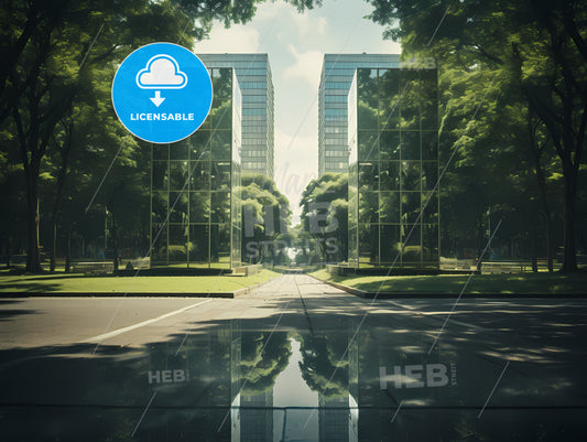 A Tall Building With A Mirrored Glass Exterior, A Road With Trees And Tall Buildings