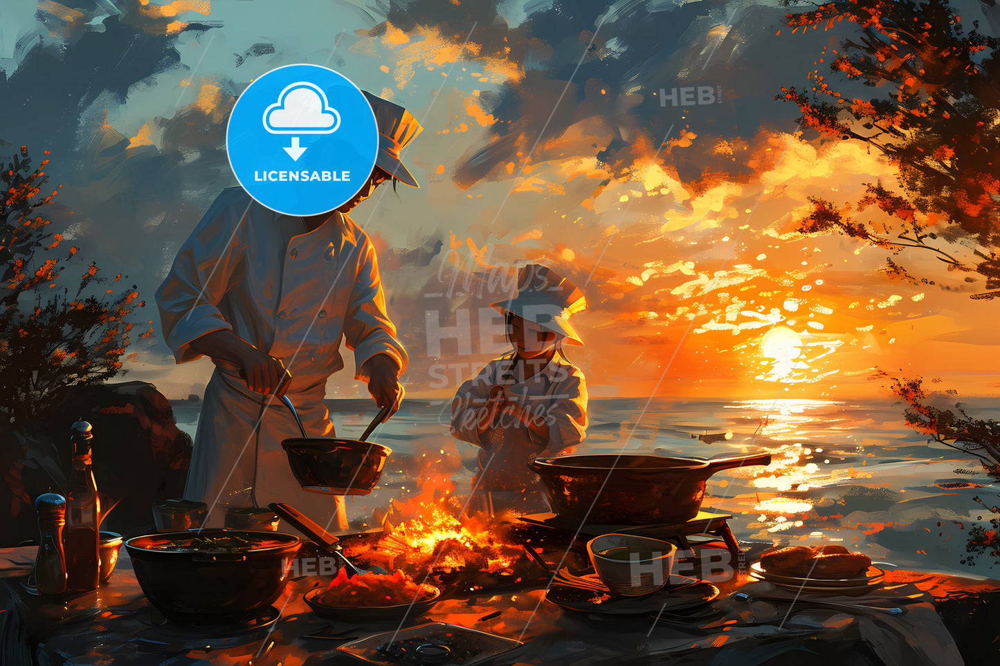 Extended Family Cooking Barbecue, A Man And Woman Cooking Food On A Fire