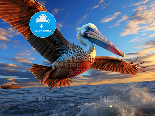 A Pelican Gracefully Glides Above The Calm Waters, A Pelican Flying Over Water