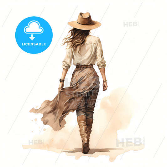 Beautiful Woman In Cowboy Hat Walking Away, A Woman In A Hat And Skirt Walking