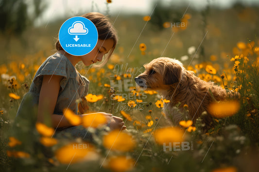 Personal Portrait Of A Young Girl, A Girl And A Dog In A Field Of Flowers