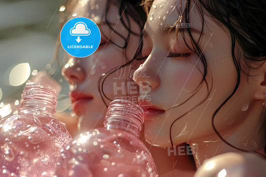 Rose Skin Care Water Bottle, Two Women With Water Droplets On Their Face