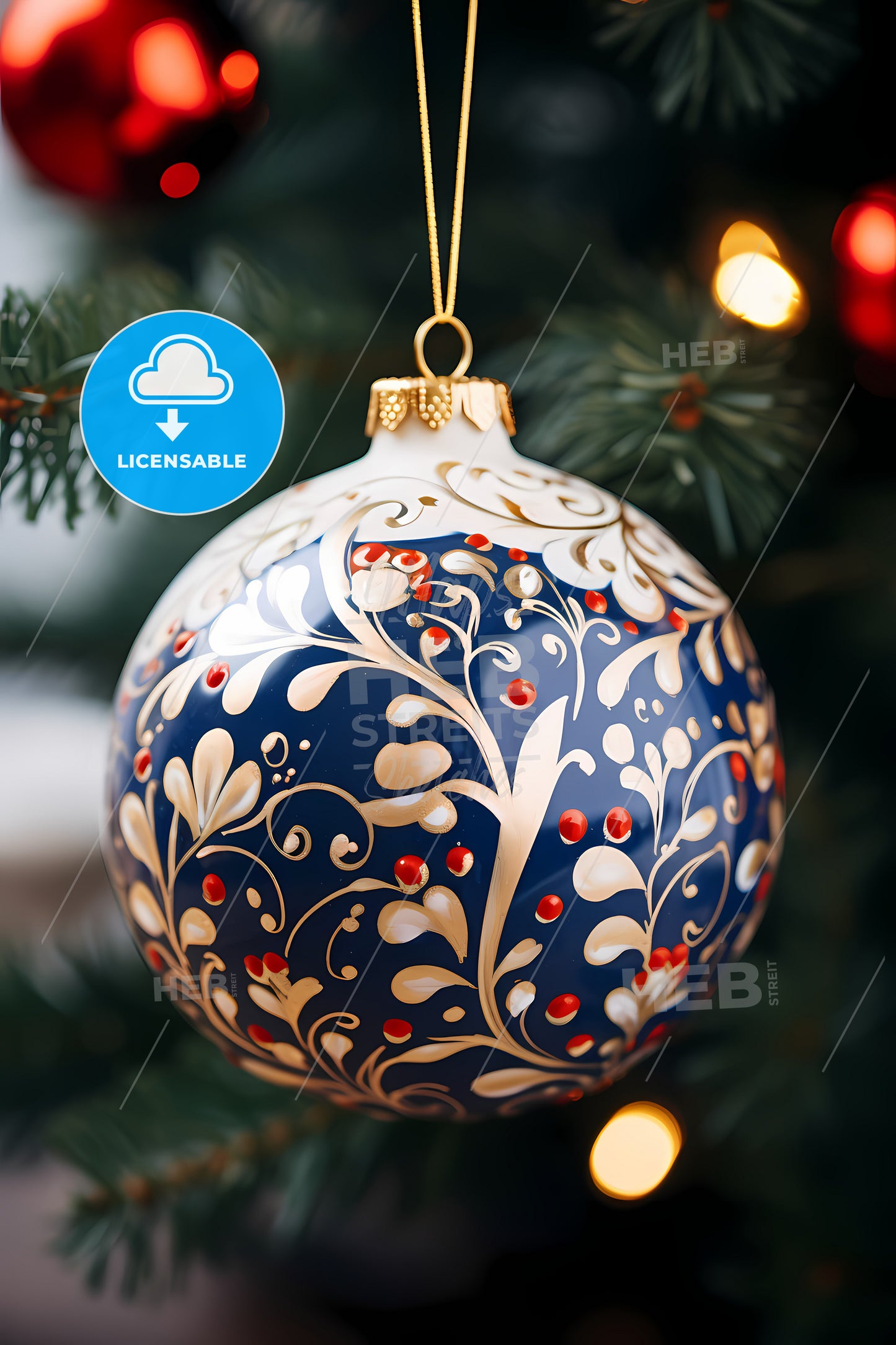 A Closeup Of A Christmas Bauble, A Blue And Gold Ornament From A Tree