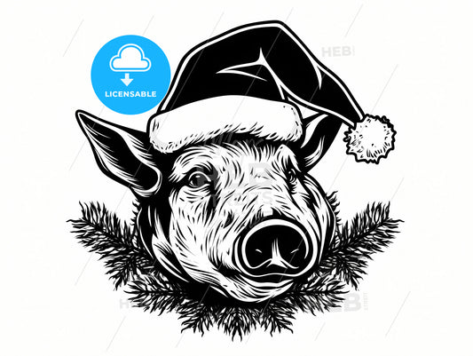 A Wild Boar With A Christmas Hat, A Pig Wearing A Santa Hat