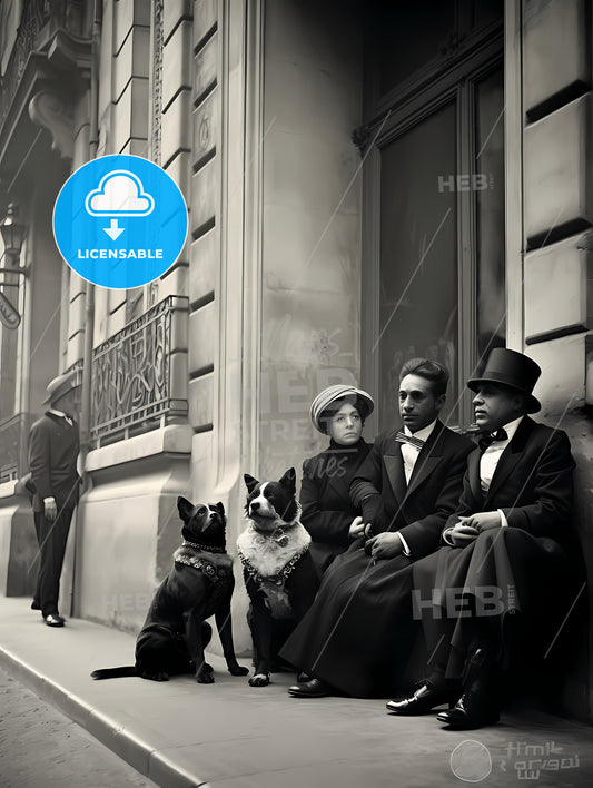 If Picasso Was A Photographer, A Group Of People Sitting On A Sidewalk With Dogs