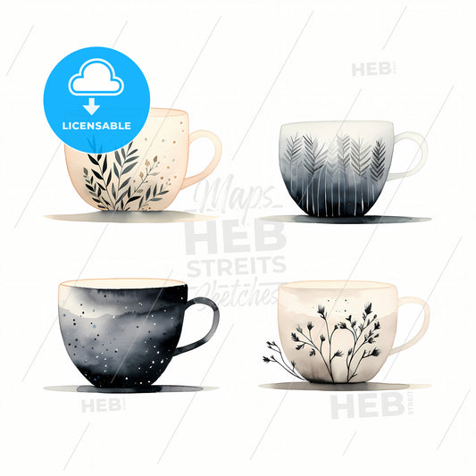 Beautiful Tea Cups, A Group Of Cups With Designs