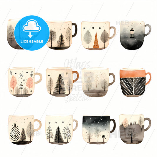 Beautiful Tea Cups, A Group Of Mugs With Trees On Them