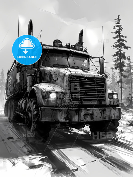 Super Monster Truck Race Coloring Page For Kids, A Black And White Image Of A Truck Driving On A Snowy Road