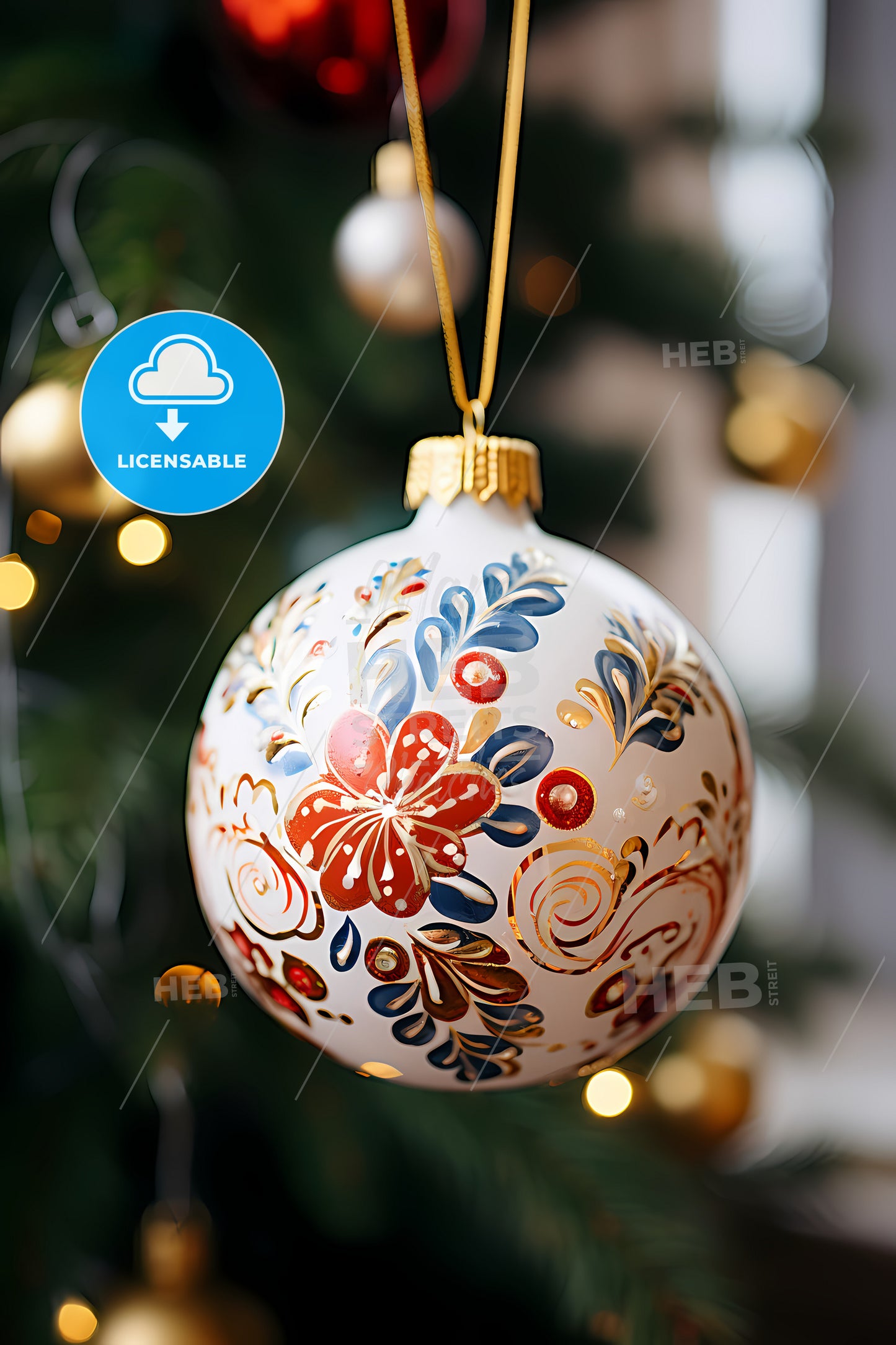 A Closeup Of A Christmas Bauble, A White And Gold Ornament From A Tree