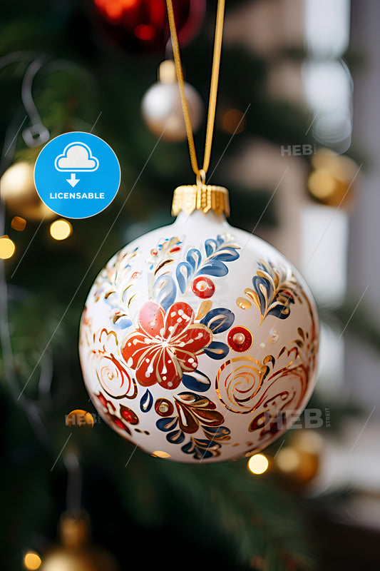 A Closeup Of A Christmas Bauble, A White And Gold Ornament From A Tree