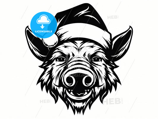 A Wild Boar With A Christmas Hat, A Black And White Image Of A Pig Wearing A Santa Hat