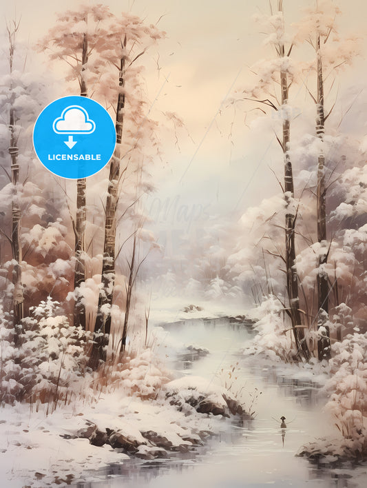 Vintage For Birthday Snowy Forest, A Snowy Forest With Trees And A River