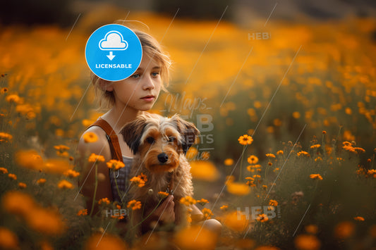 Personal Portrait Of A Young Girl, A Girl Holding A Dog In A Field Of Flowers