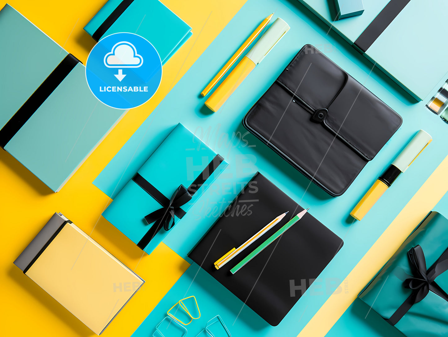 Packshot Product Website, A Group Of Stationery On A Yellow And Blue Background