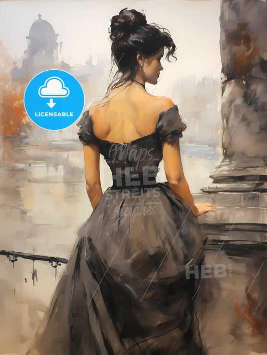 Rear View Of Woman With A Victorian Dress, A Woman In A Dress