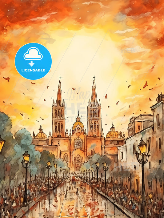 Cinco De Mayo Holiday, A Drawing Of A Church With A Crowd Of People Walking Down A Street