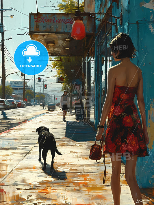 A Girl Is Walking With A Black Dog, A Woman Walking A Dog On A Sidewalk