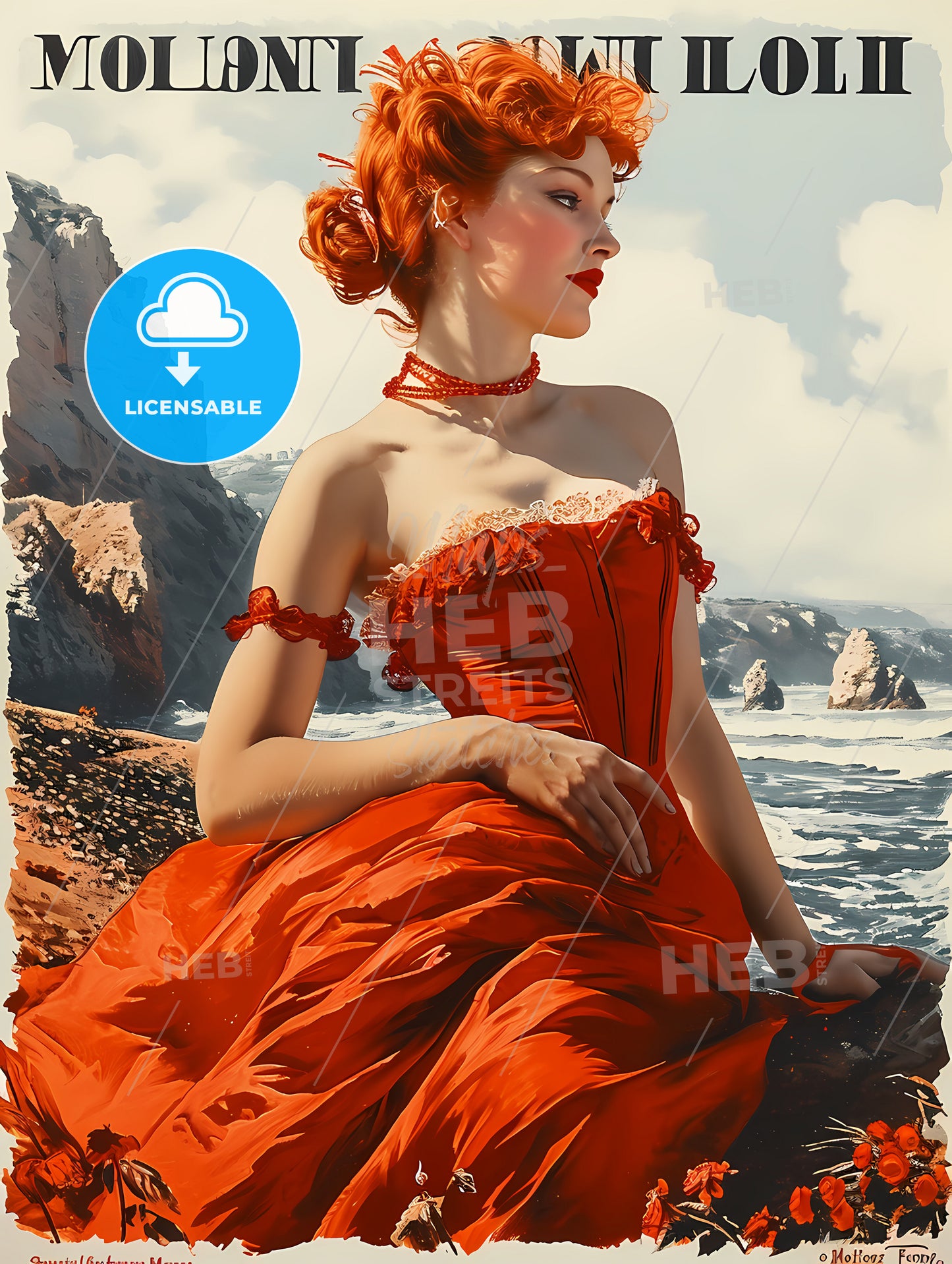 Moulon Rouge Advertisig From 1920S, A Woman In A Red Dress Sitting On A Rock