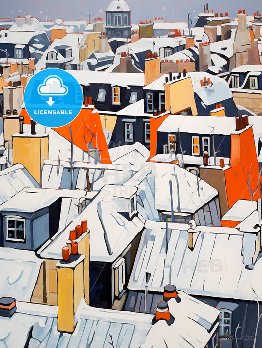 Snowy Urban Roofs Of Paris, A Rooftops Covered In Snow